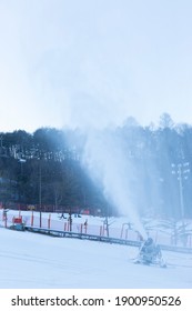 Snow Making Machine Working In Empty Ski Resort Scene On Lock Down