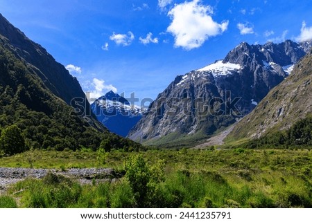snow montain near milfordsound with beautiful blue sky in fine day in summer