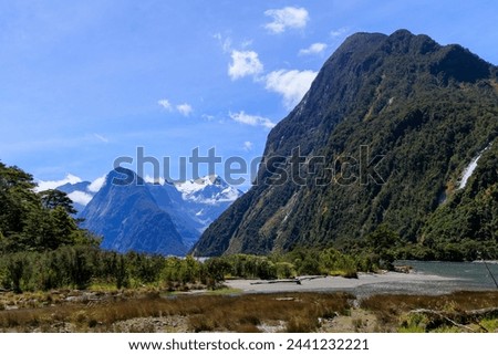 snow montain and river near milfordsound with blue sky in fine day in summer