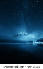 Snow Mountain With Fog Over Lake With Milky Way