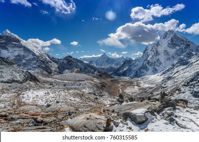 Snow mountain peaks. Panoramic view of Himalaya mountain. Way to Everest base camp, Khumbu valley, Sagarmatha national park.