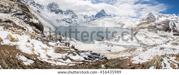 Snow mountains\
peaks ridge lake cliffs panorama, Austria peak Cordillera Real,\
Bolivia travel destination\
scenics.