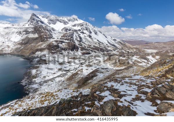 Snow mountains peaks
ridge lake cliffs, Austria peak Cordillera Real, Bolivia travel
destination scenics.