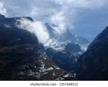 It Is Snow Mountian On The Hiking Trail Annapurna.