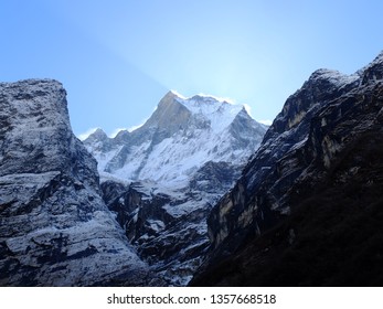 It Is Snow Mountian On The Hiking Trail Annapurna.