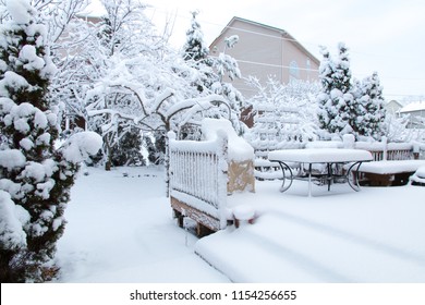 Snow On Garden Patio, Winter Scenery.