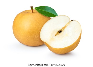 Snow pear or korean pear fruit and half sliced isolated on white background.  - Shutterstock ID 1995571970