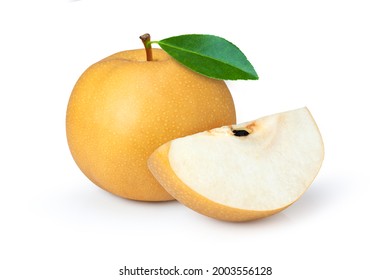 Snow pear or korean pear fruit and half sliced isolated on white background.  - Shutterstock ID 2003556128