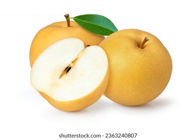 Snow pear or korean pear fruit and half sliced isolated on white background. 