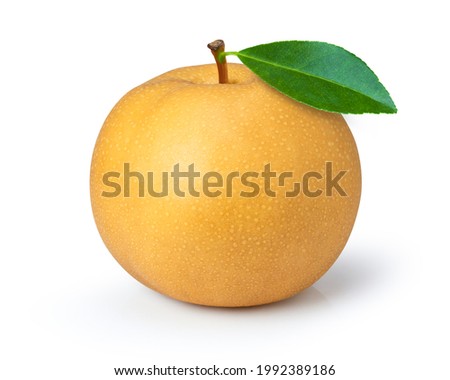 Snow pear or nashi pear (Golden pear} with green leaf isolated on white background.