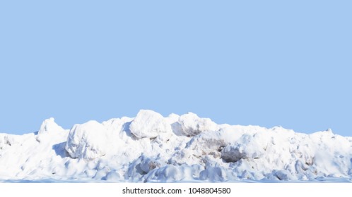 Snow Pile, Hill. Large Snow Drift Isolated On A Blue Sky Background, Close-up. Panoramic View. Winter In The Mountains. Hummock, Avalanche