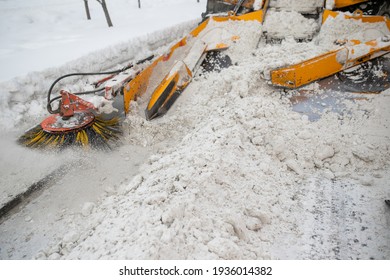 Snow Plow And Snow Truck Cleaning The Streets During A Snow Storm In Night Maintenance Action In Belgrade, Serbia