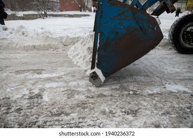 Snow Plow And Snow Truck Cleaning The Streets During A Snow Storm In Night Maintenance Action In Belgrade, Serbia