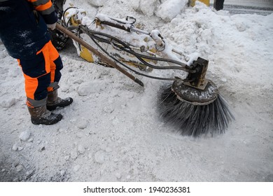 Snow Plow And Snow Truck Cleaning The Streets During A Snow Storm In Night Maintenance Action In Belgrade, Serbia