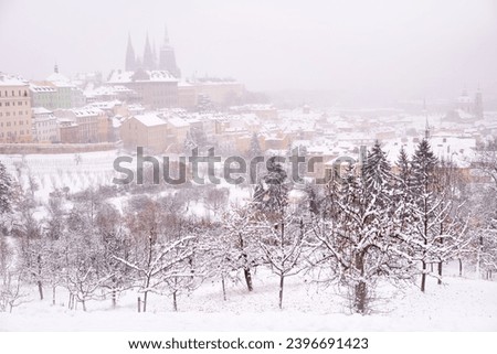 Snow in Prague, rare cold winter conditions. Prague Castle in Czech Republic, snowy weather with trees. City landscape from beautiful town. Winter travelling in white Europe, orchard garden.