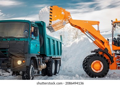 Snow Removal After Snowfall And Blizzards. Excavator Loads Snow Into Truck. Work Of Utility Services During Winter Of Period