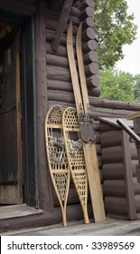 Snow Shoes And Cross Country Skis Outside An Antique Store In Lake Placid, New York In The Adirondacks.