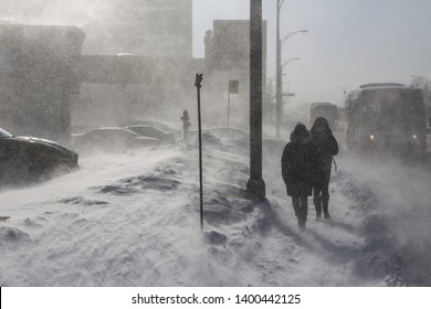 Snow storm in the street of Quebec city, Canada. Massive snow floatingall around.