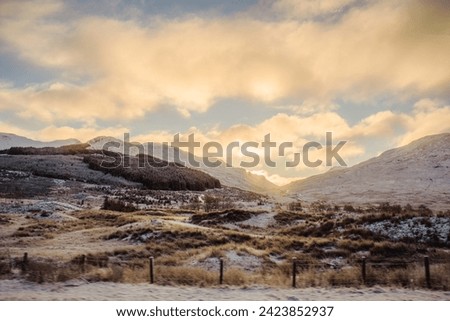 Snow at sunrise in the Scottish highlands in Queen Elizabeth Forest Park, between Inverarnan and Crianlarich along the A82 Stock photo © 
