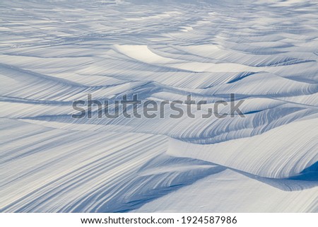 Snow texture. Wind sculpted patterns on snow surface. Wind in the tundra and in the mountains on the surface of the snow sculpts patterns and ridges (sastrugi). Arctic, Polar region. Winter background