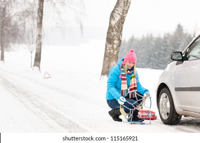 Snow Tire Chains Winter Car Woman In Trouble Breakdown