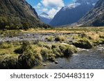 snow topped mountain view from Monkey creek , located on the way to Milford Sound, South Island, New Zealand