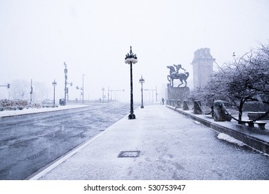 Snow In The Town In December, Chicago Illinois