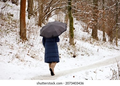 Snow Weather, Woman With Umbrella Walking In A City Park