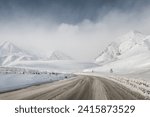 snow winter mountain road. blizzard.