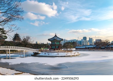 Snow winter of the palace Gyeongbokgung in Seoul, South Korea.