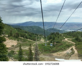 Snowbird, UT, USA - 6 June 2019: Looking Out Through The Ski Lift At Snowbird Resort In Utah.  Small Amount Of Snow On The Ski Slope.