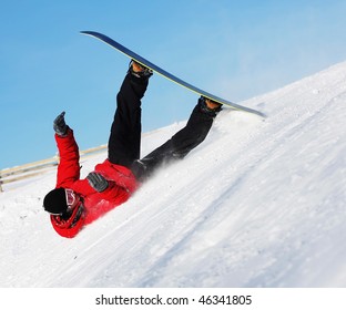 Snowboard Sportsmen In Fall Over Clear Blue Sky