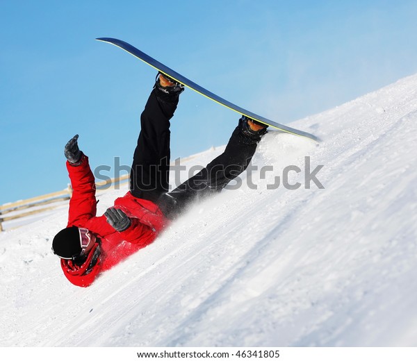 Snowboard Sportsmen Sitting On Blue Snow Snowboard Sportsmen Fall Clear Blue Stock Photo Edit