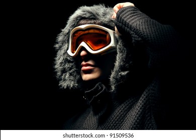 Snowboarder Fashion Portrait On Black