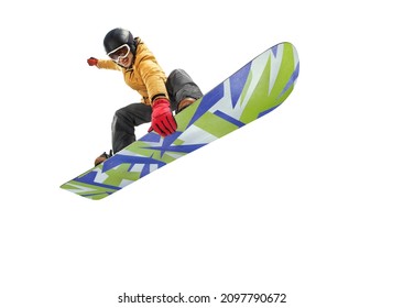 Snowboarder jumping through air with deep blue sky in background. Sport background. Winter sport. 