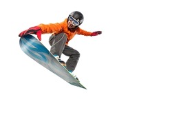 Snowboard Saltando Por El Aire Con Un Fondo Aislado. Fondo Del Deporte Invernal.