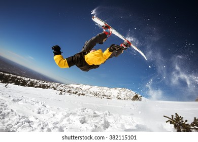 Snowboarder Makes Front Flip. Sheregesh Resort, Siberia, Russia