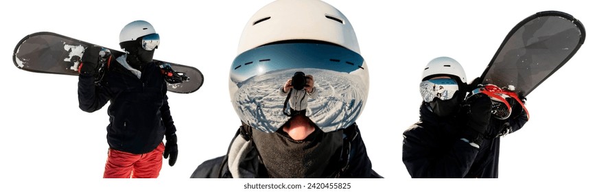 Snowboarder with reflective goggles and helmet, holding board, poised for thrilling mountain descent on snowy slopes. white background.