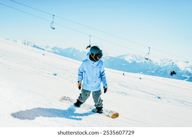 Snowboarder ride downhill motion freeze with mountains background. Free riding alps europe snowy destinations