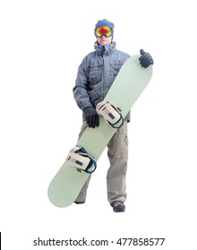 Snowboarder With Snowboard Deck. Isolated On A White Background.