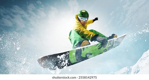 Snowboarder soaring high in vibrant gear, capturing thrill and freedom of winter sports with sparkling snow and towering mountains on background. Concept of extreme sport, ski-resort, holidays. Ad