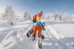 Snowboarder Camina Con Snowboard En El Bosque Invernal. Recorrido De Esquí En Las Nevadas Montañas En Un Día Soleado