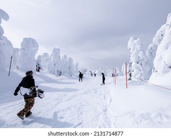 Snowboarders Going Down A Gentle Slope On A Cloudy Day (Zao, Yamagata, Japan)