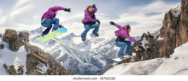 Snowboarding Jump. Jump Sequence. Les 2 Alpes, France
