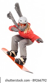 Snowboarding Woman With Snowboard Having Fun