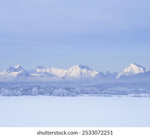 snowbound mountain valley  with forest under misty cloudy sky, seasonal outdoor travel background - Powered by Shutterstock