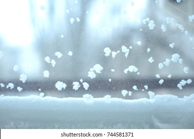 Snowbound Window Close-up, Indoor. Seasonal Winter Weather Conditions. Snowy Winter Background.