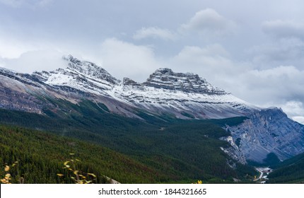 Snow-capped Cirrus Mountain In Late Autumn Season. Seen From The Icefields Parkway (Alberta Highway 93), Jasper National Park, Canada.