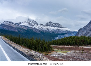 Snow-capped Cirrus Mountain In Late Autumn Season. Seen From The Icefields Parkway (Alberta Highway 93), Jasper National Park, Canada.