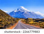 Snowcapped Mt Cook Aoraki rocky peak in high mountains of New Zealand from Highway 80.